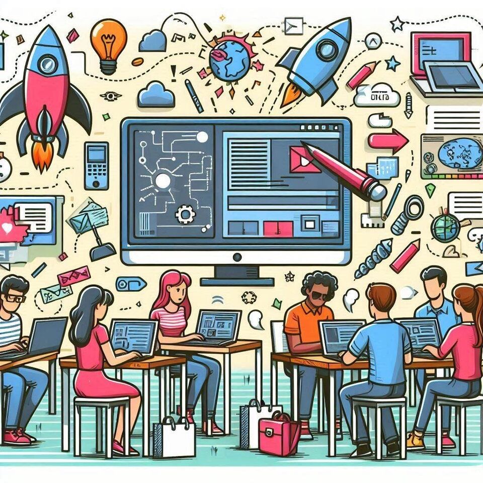 Camputerbildschirm mit vielen bunten IT Piktogramm 